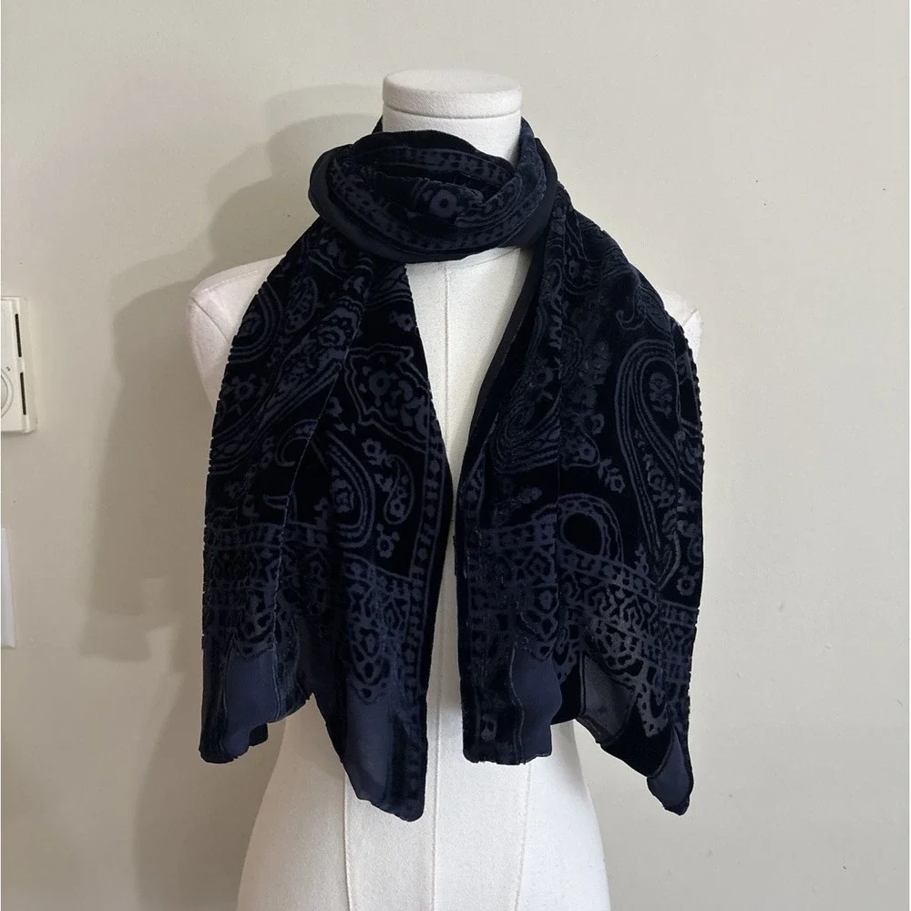 Vintage Whimsigoth Burnout Velvet Scarf Shawl SILK Midnight Cobalt Blue Witchy